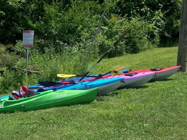 Canoes lined up on grass outside