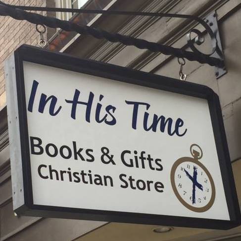 Outside sign at In His Time Books & Gifts Christian Store