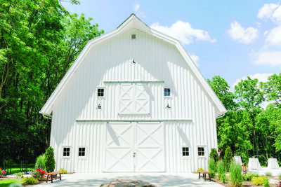 Outside image of a white barn wedding venue in Montgomery County Indiana